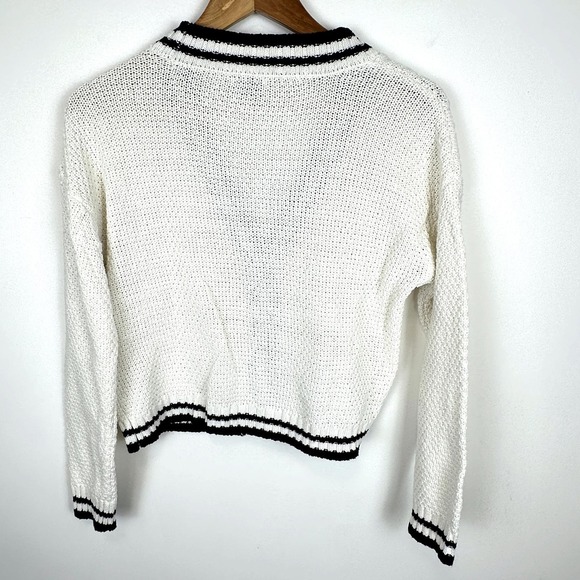 Vintage Y2K Cardigan CableKnit White Black Stripe trim Cropped Folklore SIZE S - Picture 2 of 6